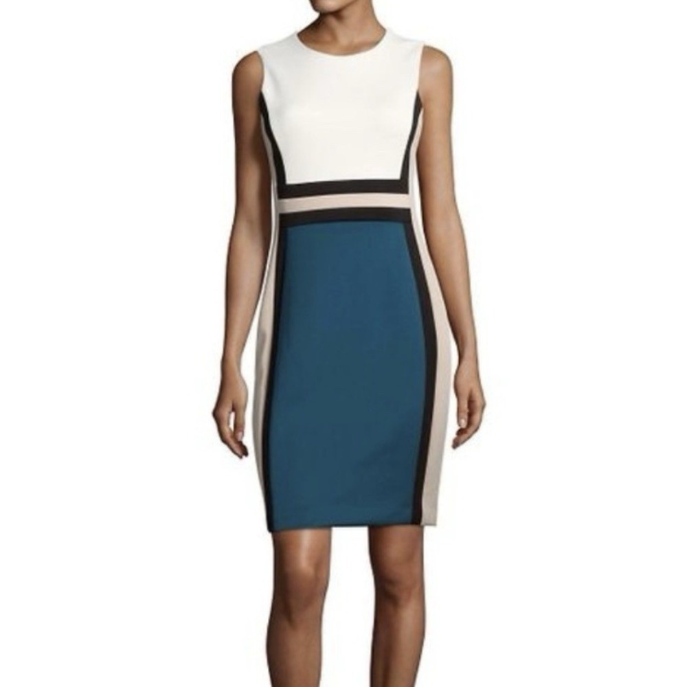 Calvin Klein Teal Cream Colorblock Scuba Knit Sleeveless Sheath Dress Size 8